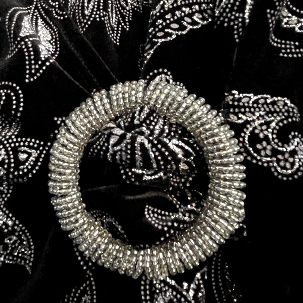 Woman’s Elementz Black Velvet type dressy top with silver scroll floral design. - Picture 3 of 6
